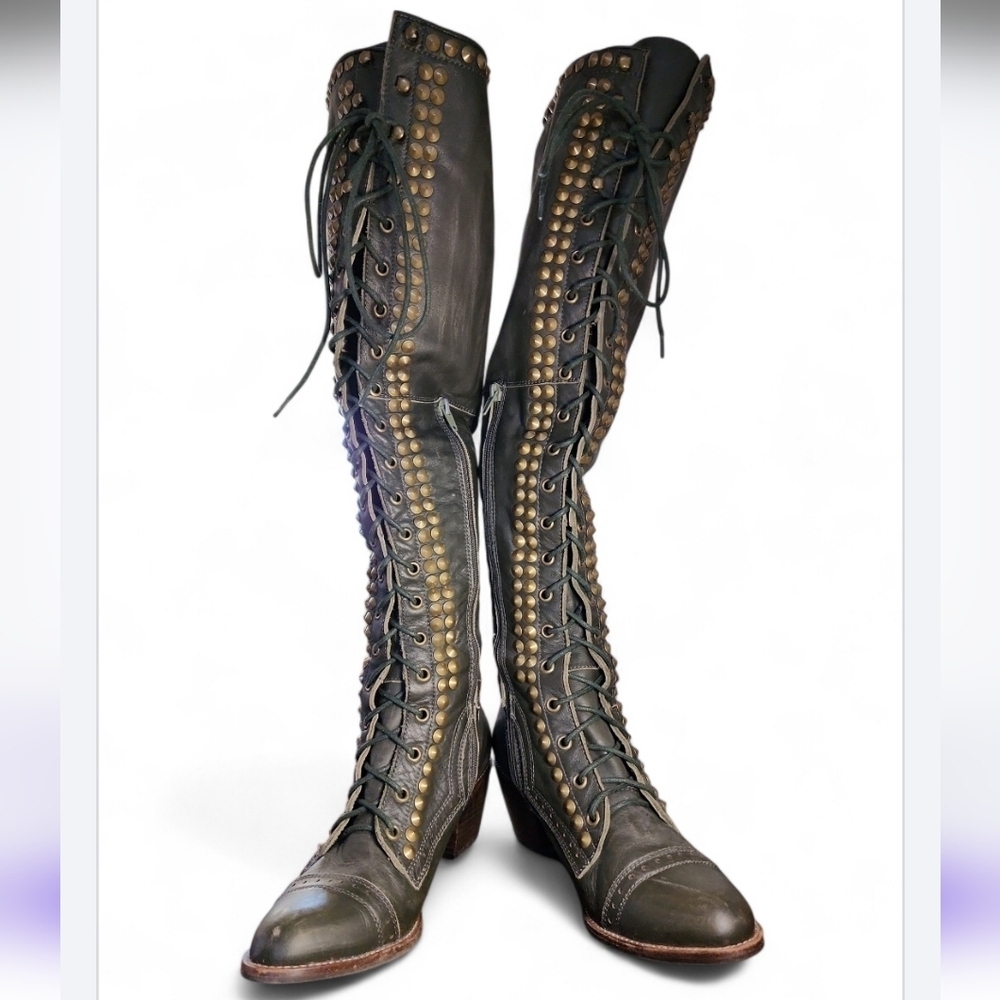 SOLD Jeffrey Campbell For Free People Studded Joe Tall Boots Lace Up Over Knee 9 - Picture 7 of 11